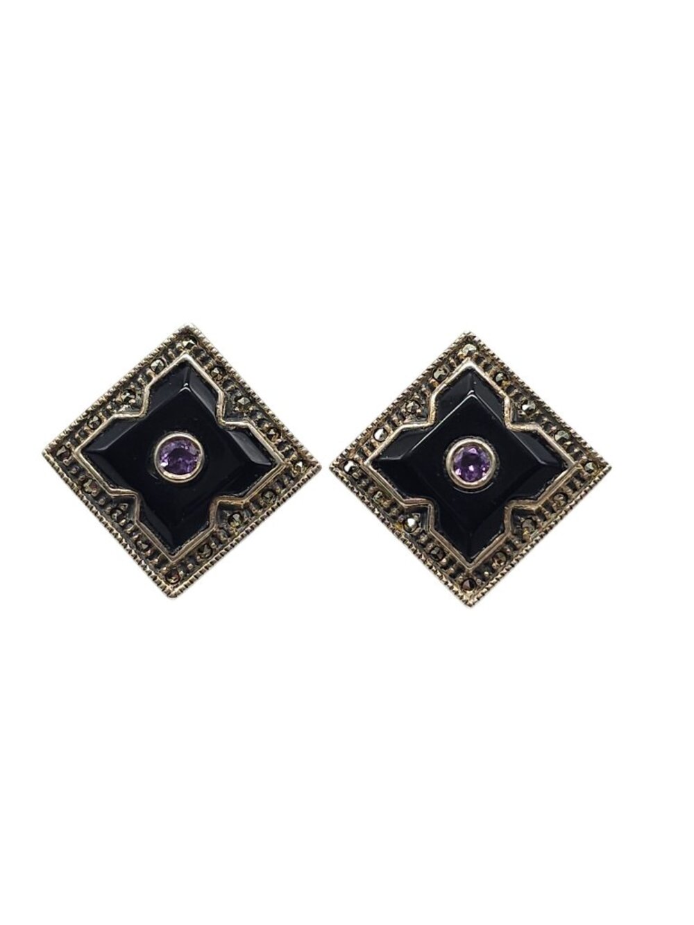 Judith Jack Sterling Silver Black Enamel Amethyst Clip-On Earrings Vintage